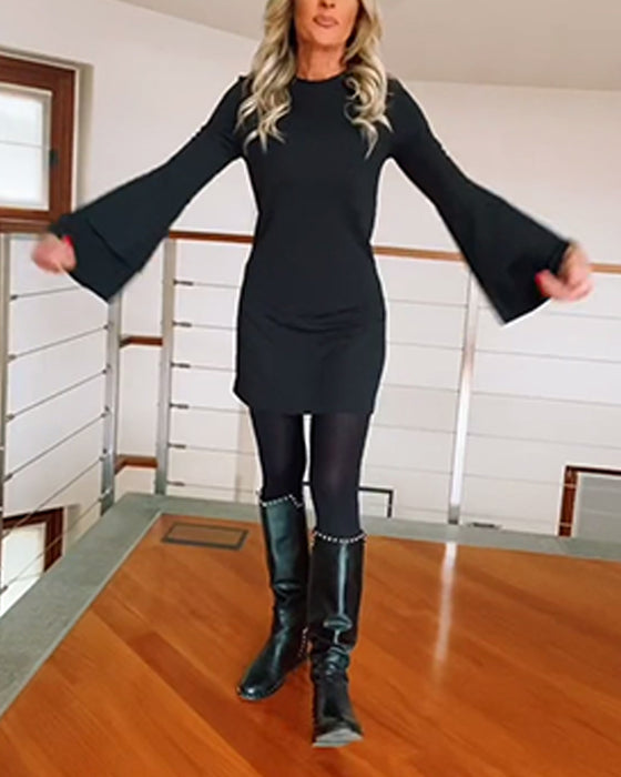 Jurk Mode Effen Kleur Wijd Uitlopende Mouw