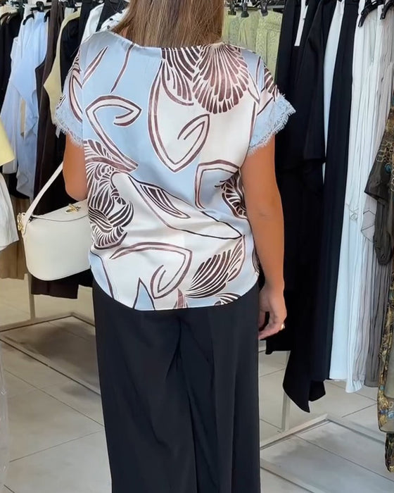 Blouse Met Ronde Hals Vetersluiting Onregelmatig