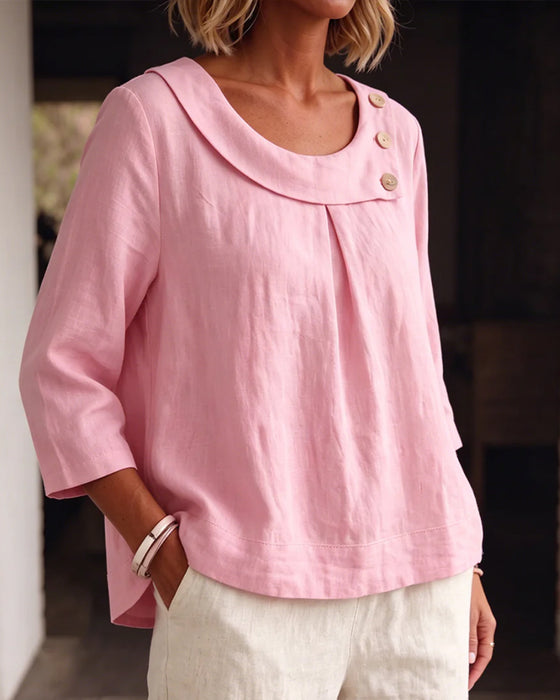Blouse Gerolde Zoom Ronde Hals Knoop Loszittend