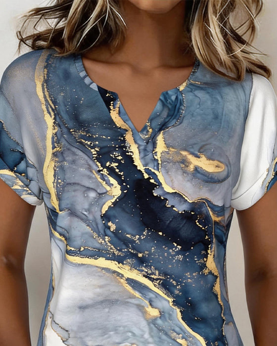 T-Shirt Marmer Print V-Hals