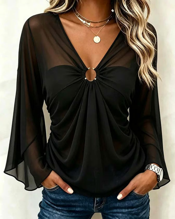 Blouse V-Hals Metalen Ring Twist