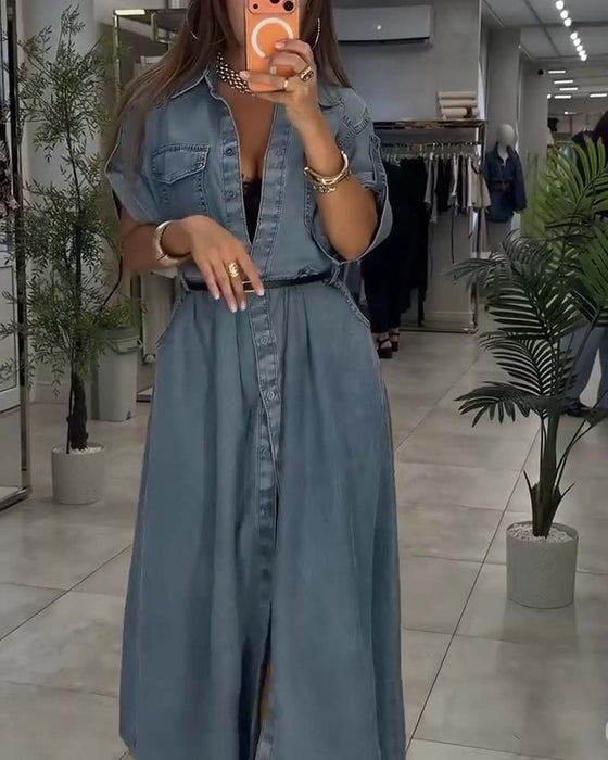 Jurk Shirt Kraag Zak Knoop Denim