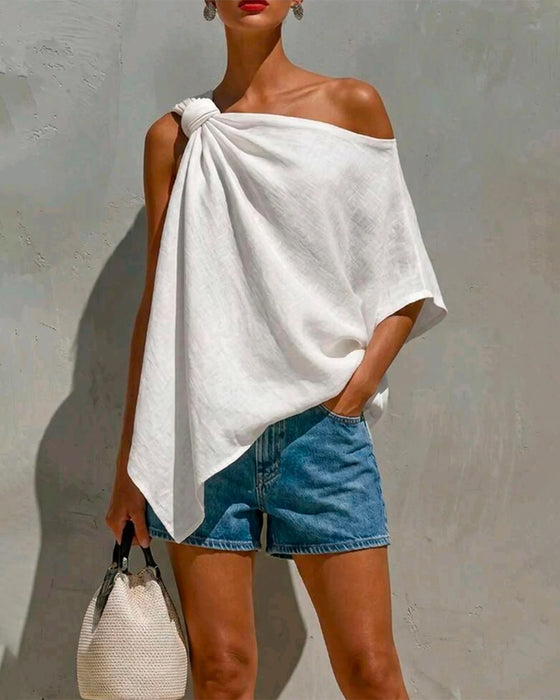 Blouses Een Schouder Knoop Asymmetrisch