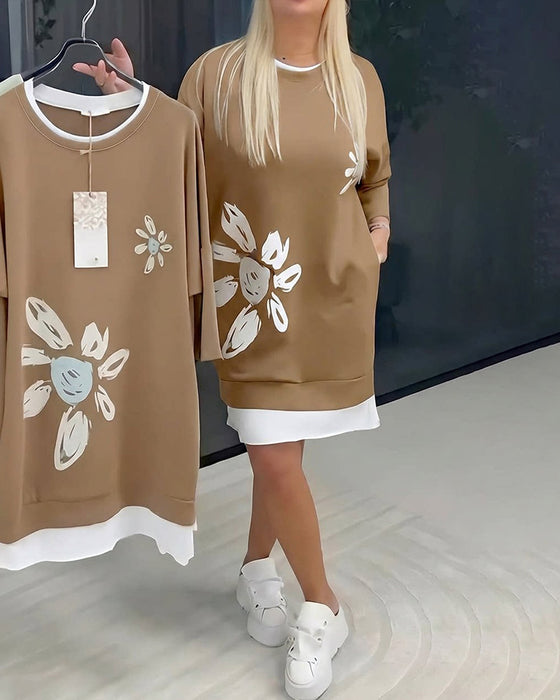 Sweatshirtjurk Ronde Hals Bedrukt Patchwork