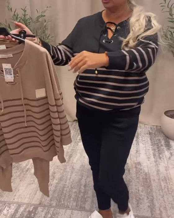 Tweedelig Set Met Casual Gestreepte Sportbroek Tot De Enkel