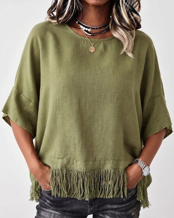 Blouse Ronde Hals Franje Ellebooglange Mouw Effen