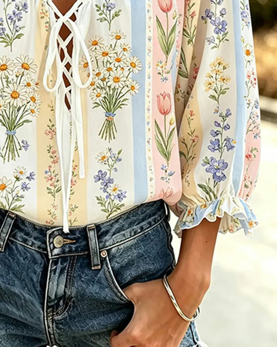 Blouse Kleurblok Bloemen Strik V-Hals