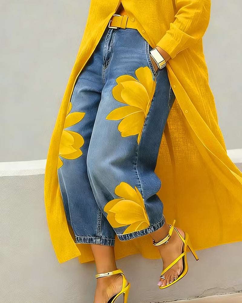 Bloemenprint Jeans Korte Wijde Pijpen