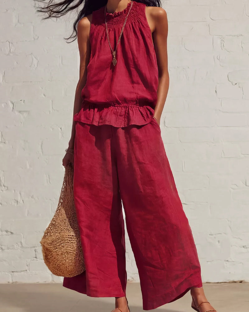 Set Mouwloos Ruche Wijde Broek