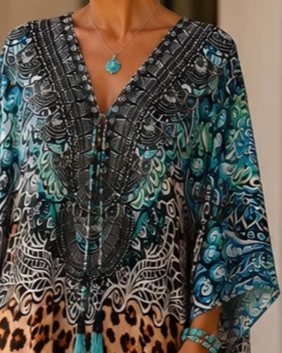 Jurk V-Hals Luipaardprint Uitlopend Contrastkleur