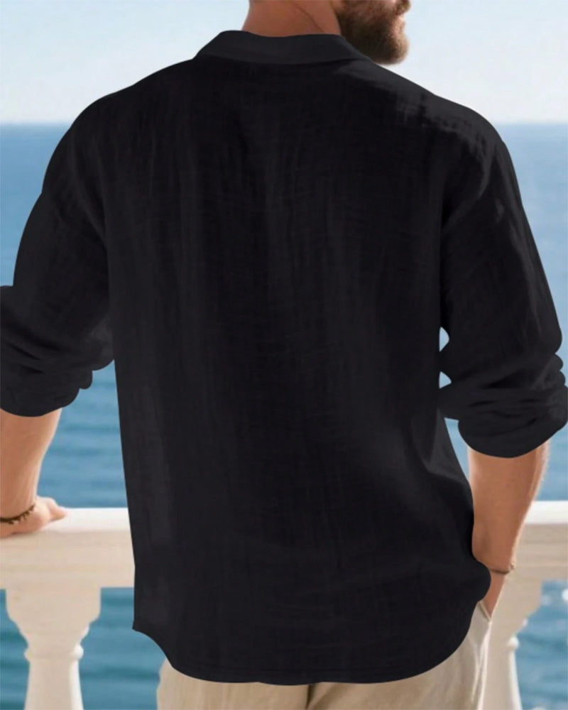 Overhemd Heren Lichtgewicht Los Linnen Lange Mouw Polo