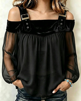 Blouse Fluweel Paneel Stijlvol Cold Shoulder
