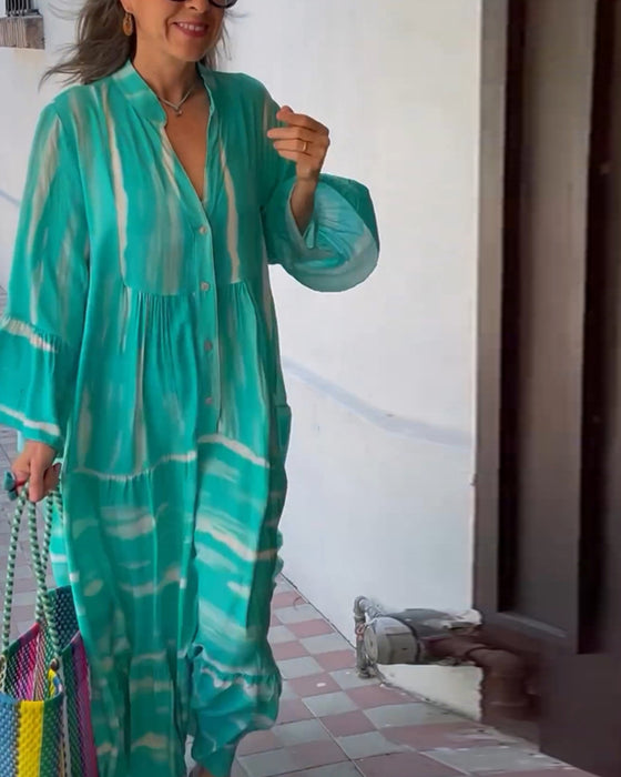 Casual losse lange jurk met V-hals en uitlopende mouwen