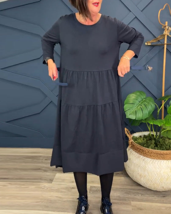 Casual effen jurk met ronde hals en patchwork