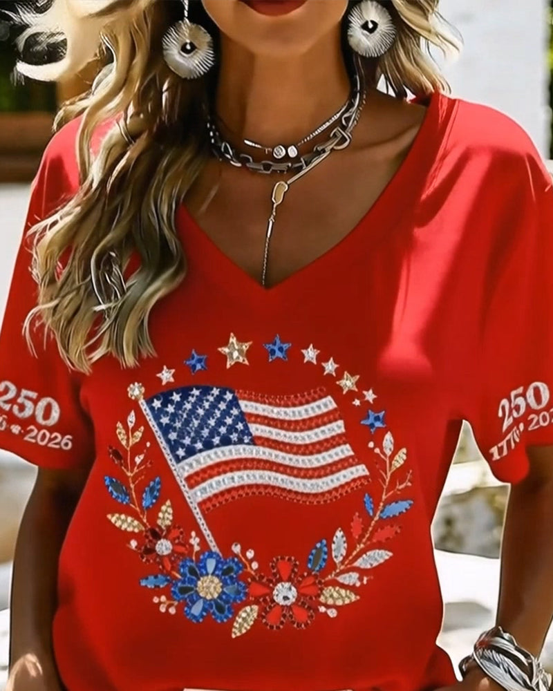 T-Shirt V-Hals Letter Bloemen Korte Mouw