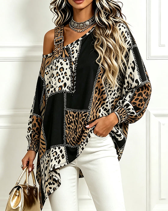 Blouse Luipaard Print Patchwork Asymmetrische Hals Lange Mouw