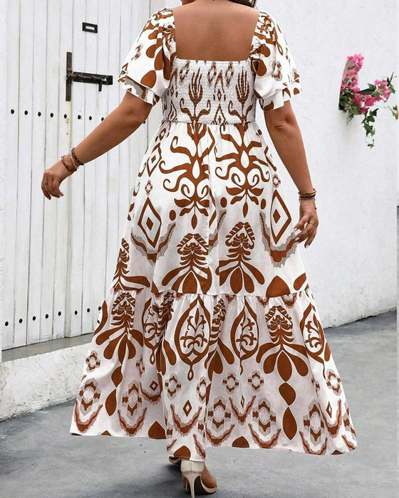 Jurk Blauw Porselein Vierkante Hals Print Maxi