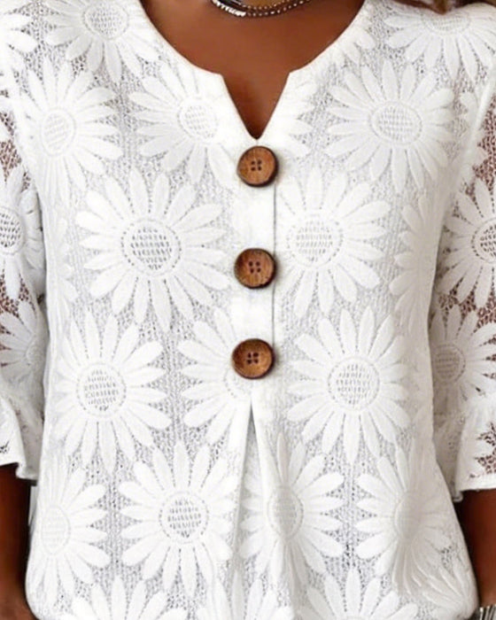 Blouse Met Gerimpeld Madeliefjespatroon En Pofmouwen