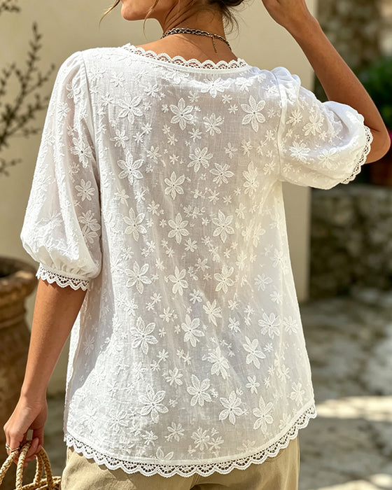 Blouse Met Vierkante Hals Pofmouwen Jacquard
