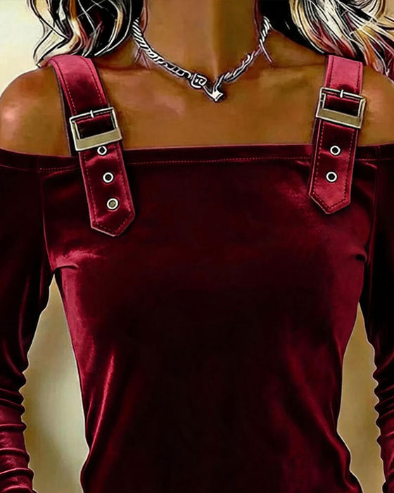Top Fluweel Off-Shoulder Lange Mouw