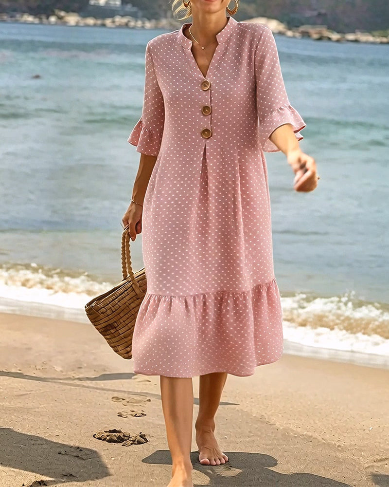 Jurk Polka Dot V-Hals Geruwde Mouw