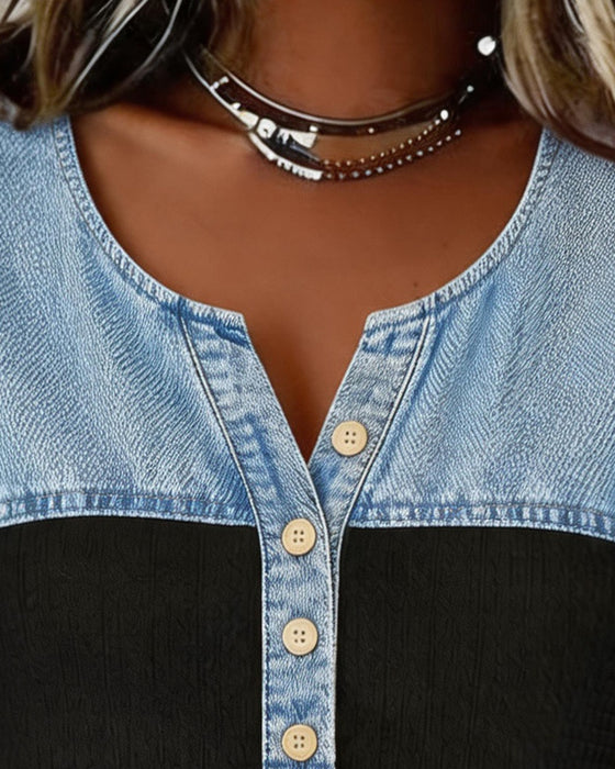 Blouse Denim Patchwork Korte Mouw