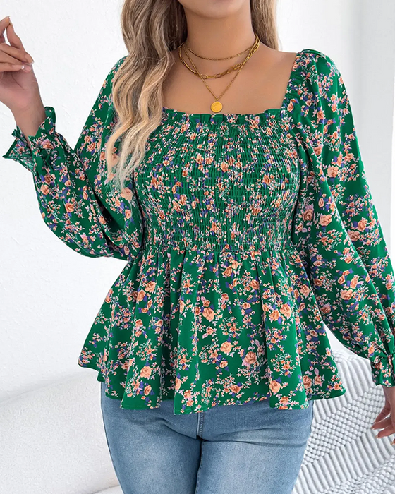 Blouse Vierkante Hals Gerimpeld Bloemig Ruffle