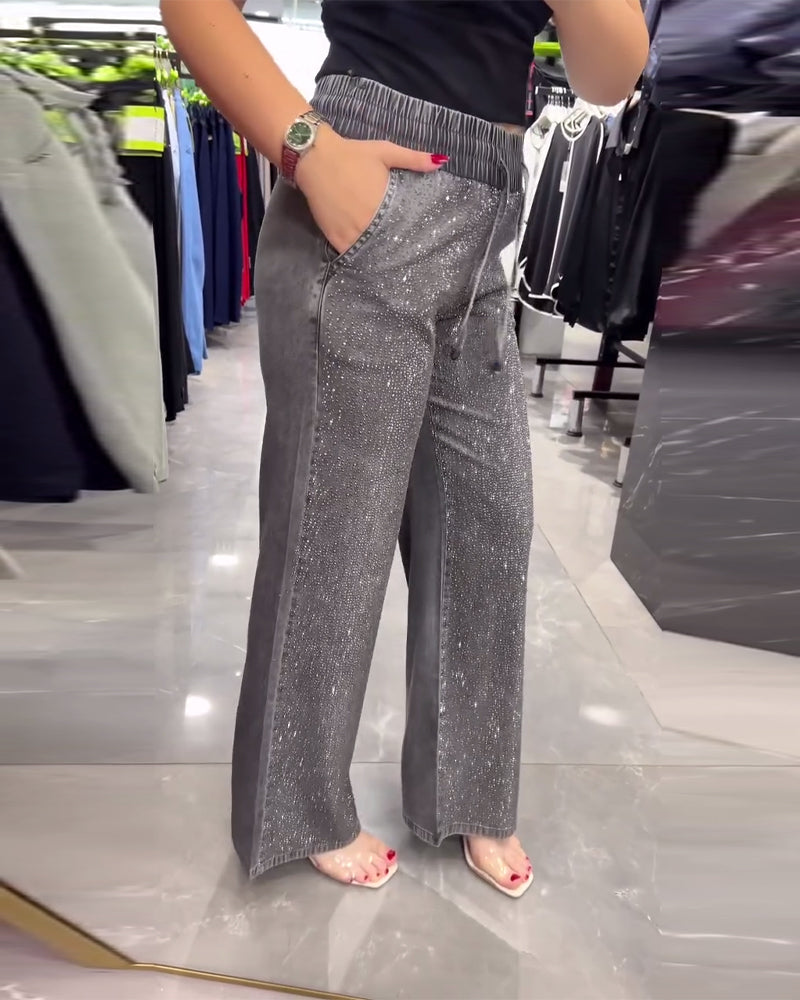 Casual broek in effen kleur met zakken en elastische tailleband