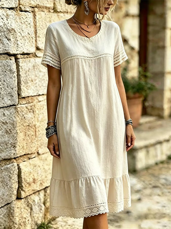 Jurk Kant Ruffle Rond-Hals Korte-Mouw