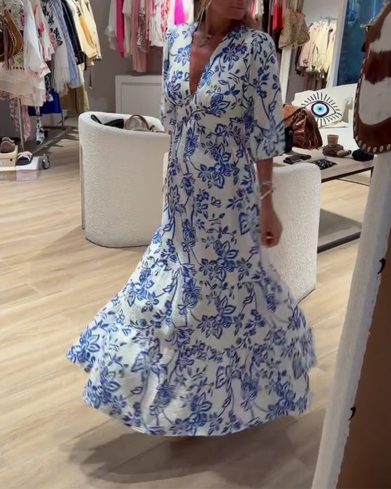 Jurk Diepe V-Hals Elegant Bloemig Lang