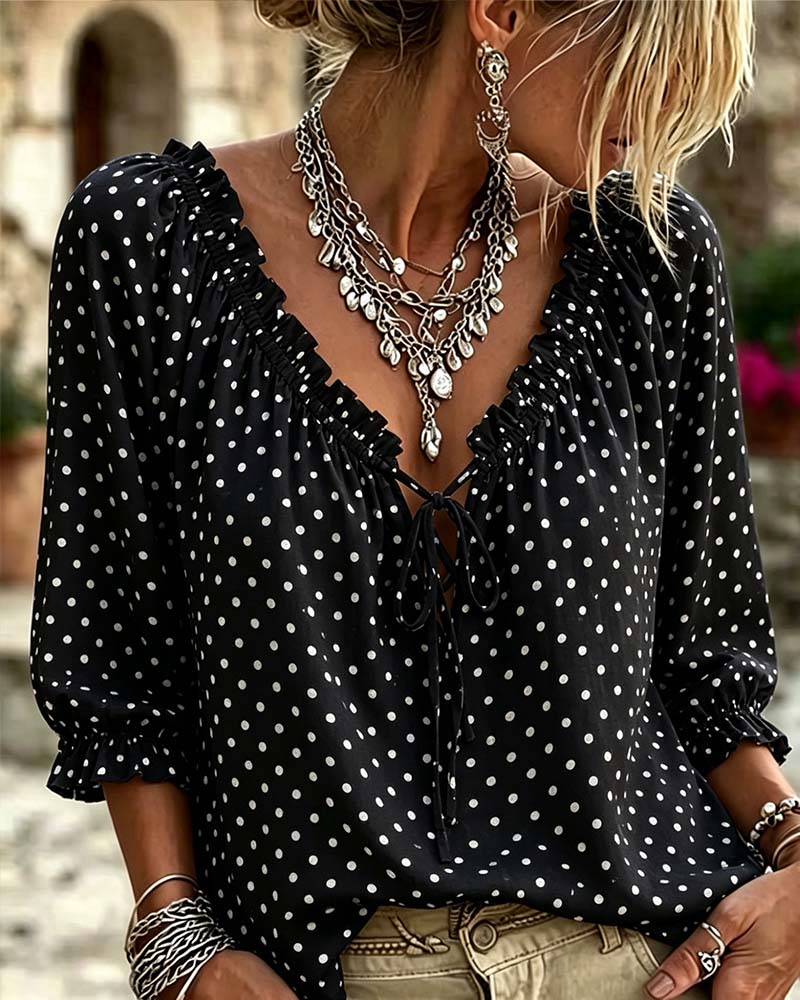 Blouse V-Hals Ruffle Polka Dot Strik