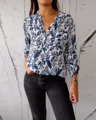 Casual blouse met bladerprint, V-hals en knoopsluiting met negenkwartmouwen