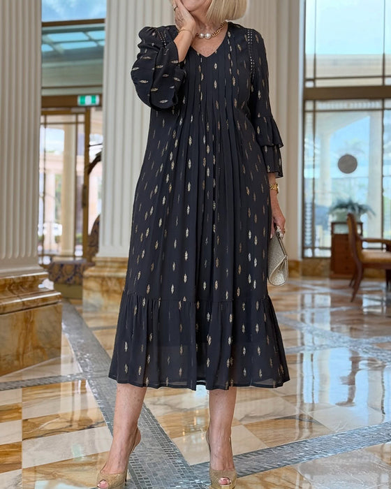 Jurk Lantaarn Mouw V-Hals Print