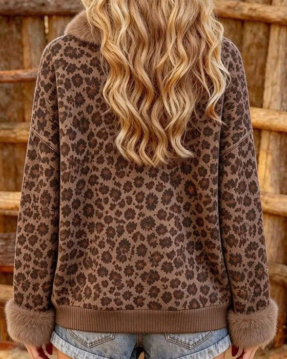 Sweatshirt Revers Geknoopt Luipaardprint Lange Mouw