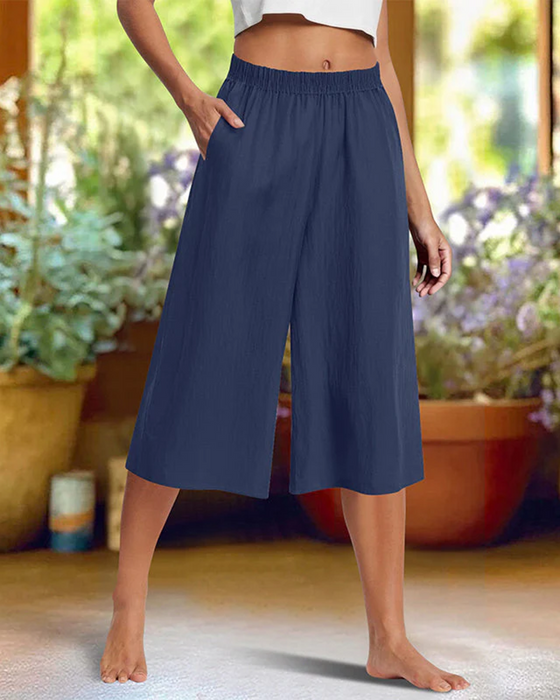 Broek Elastische Taille Zak Effen Casual Cropped