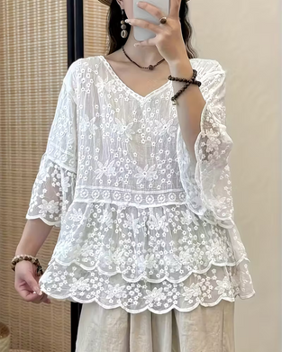 Blouse Korte Mouw Kant Trim