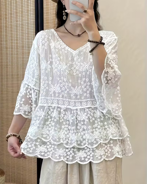 Blouse Korte Mouw Kant Trim