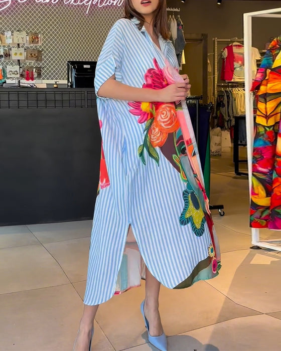 Verticale gestreepte blouse met reverssplit en karakterprint