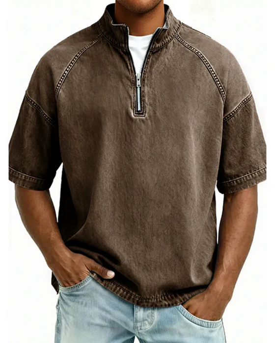 Overhemd Met Washed Look En Rits Korte Mouw