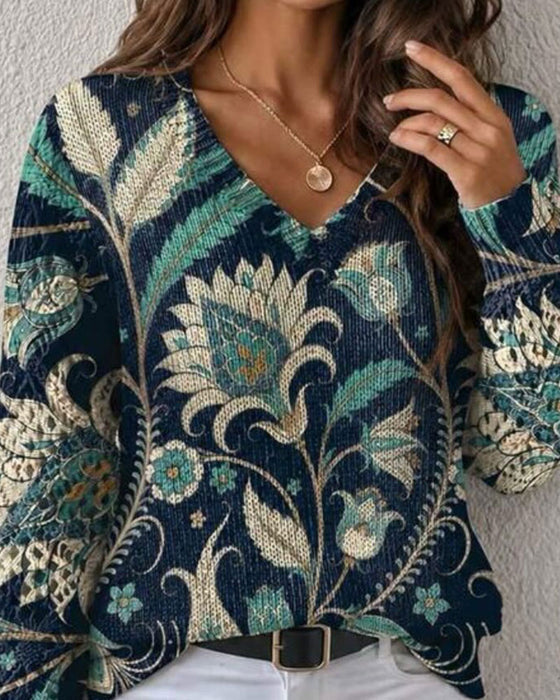 Pullover V-Hals Lange Mouw Bloemen Print