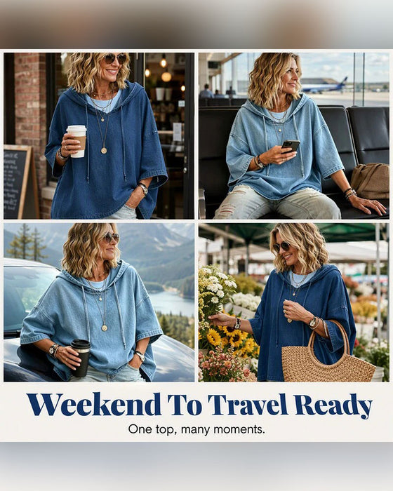 Hoodie Met Capuchon Trekkoord Ellebooglange Mouw Denim