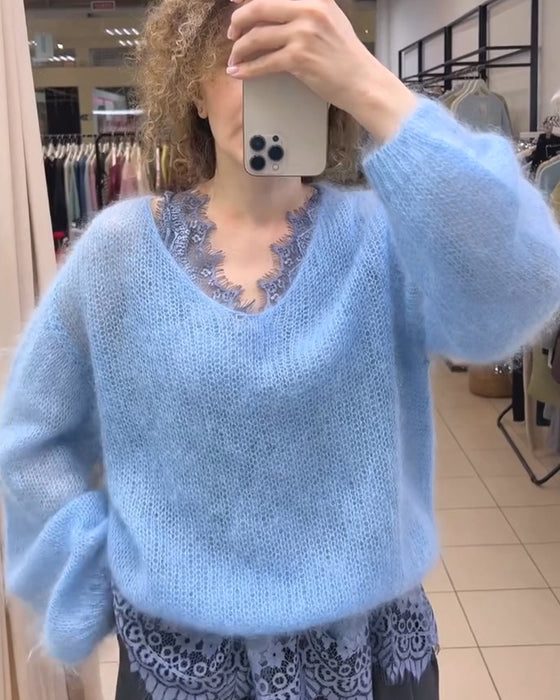 Pullover V-Hals Effen Patchwork