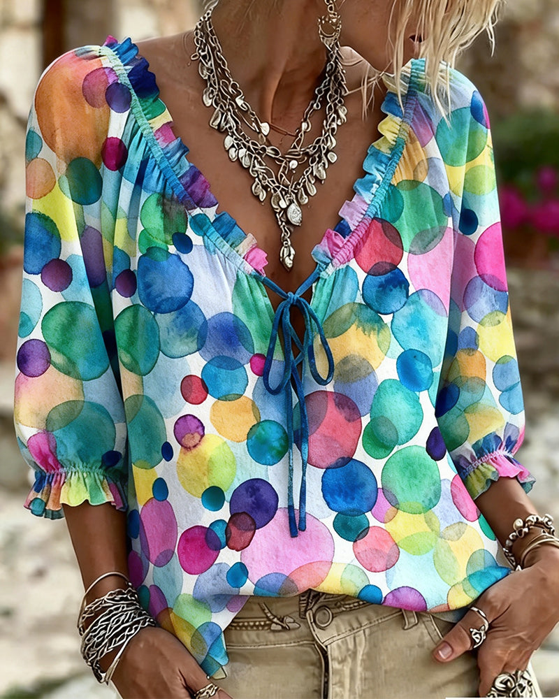 Blouse V-Hals Met Ruche Mouwen
