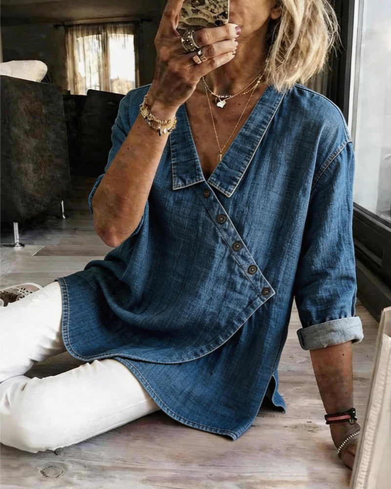 Blouse Effen Diagonale Knoop Knoopsgat Langmouw