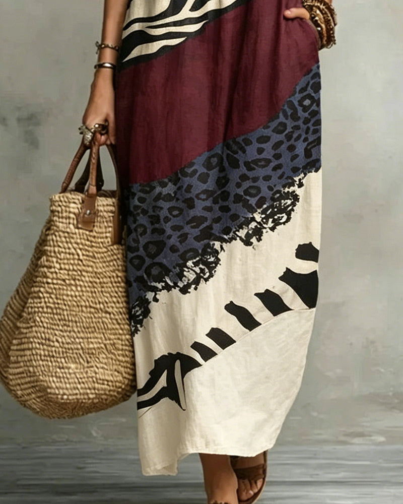 Jurk V-Hals Ruche Patroon Patchwork