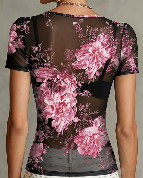 T-Shirt Met V-Hals En Bloemenprint Korte Mouw