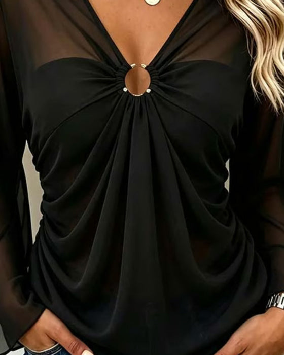 Blouse V-Hals Metalen Ring Twist