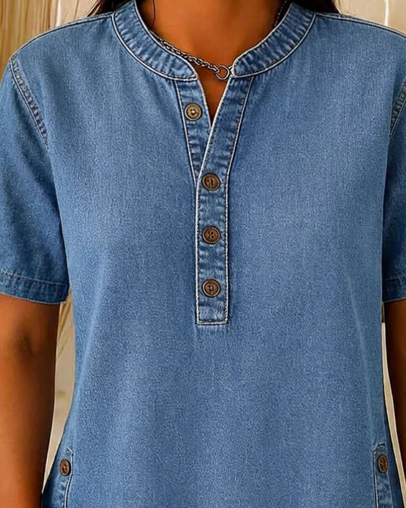 Top Knoopsluiting-Voor Denim Korte Mouw