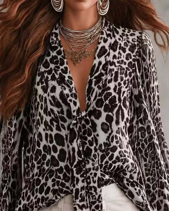 Blouse V‑hals Luipaardprint Doorzichtig Lange‑mouw