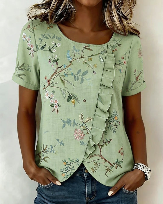 Blouse Ronde Hals Korte Mouw Ruche Bloemen